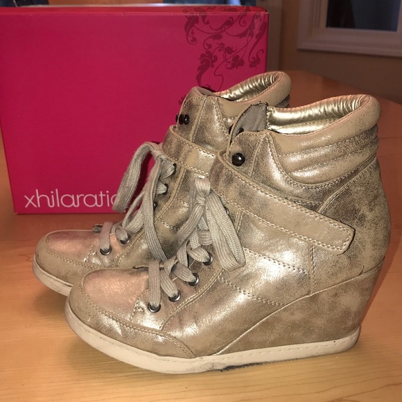 gold high top wedge sneakers